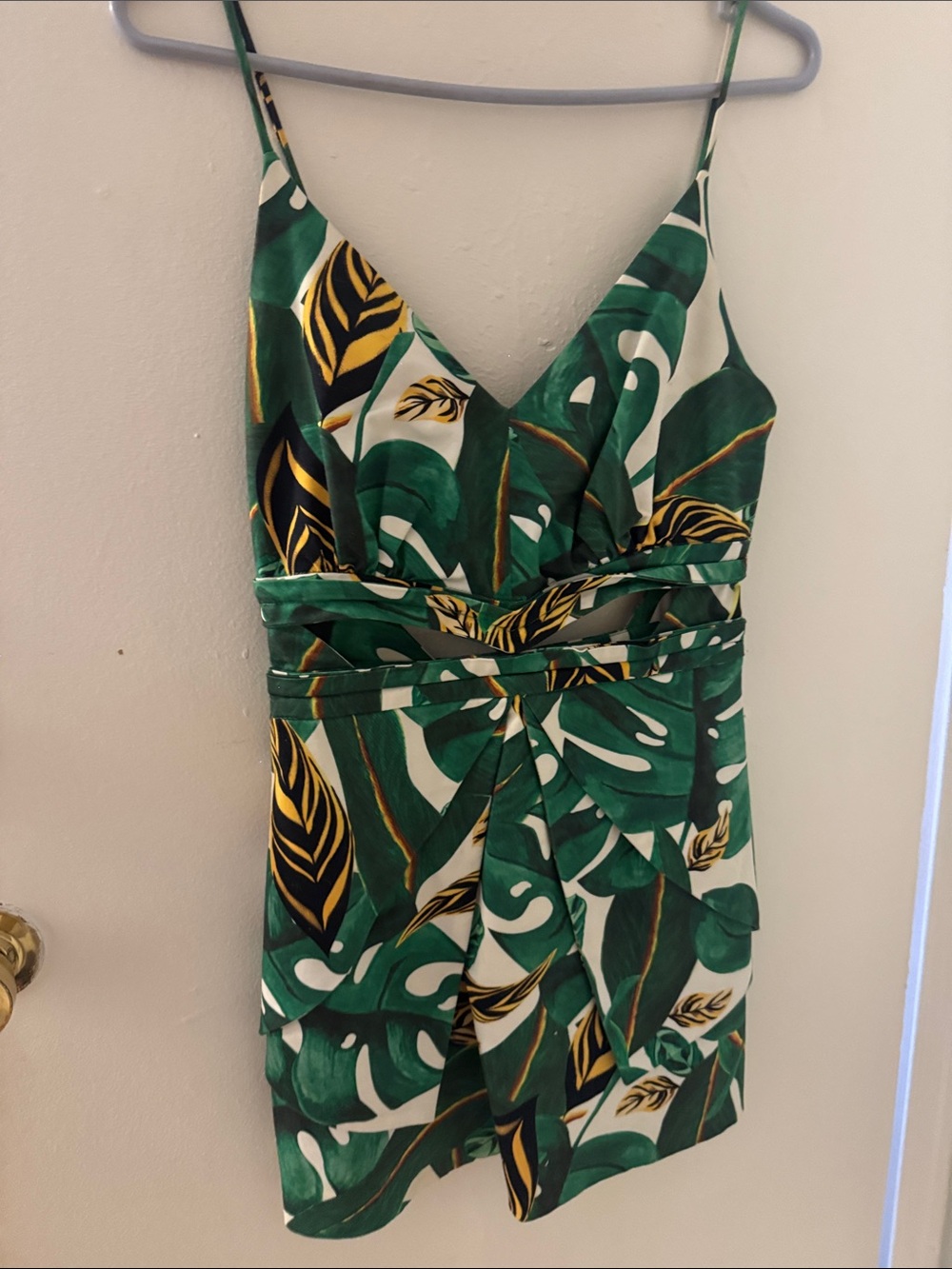 FARM Rio Green and Yellow Tropical Leaf Slip Dress